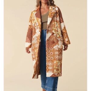 Spell x Free People Yellow Orange Floral Patchwork Cha Cha Long Quilted Jacket